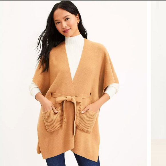 LOFT‎ Women's Oversized Camel Kimono Sleeve Open Cardigan w/Tie, Size XS/S - Picture 2 of 8